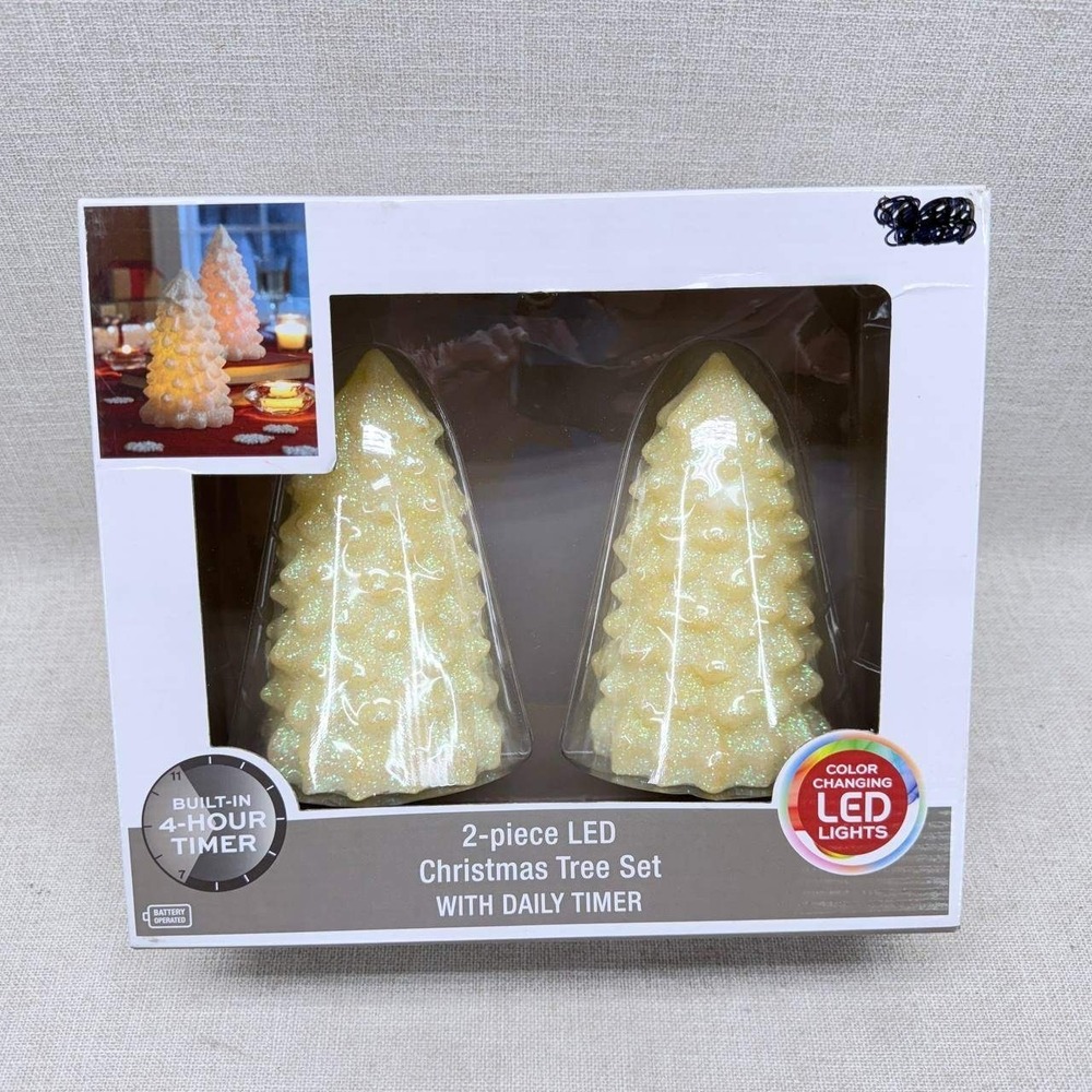2-Piece LED Christmas Tree Set Color Changing Wax Glitter Timer White 6in New